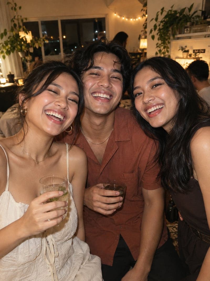 Tiga tamu tertawa di galeri event
