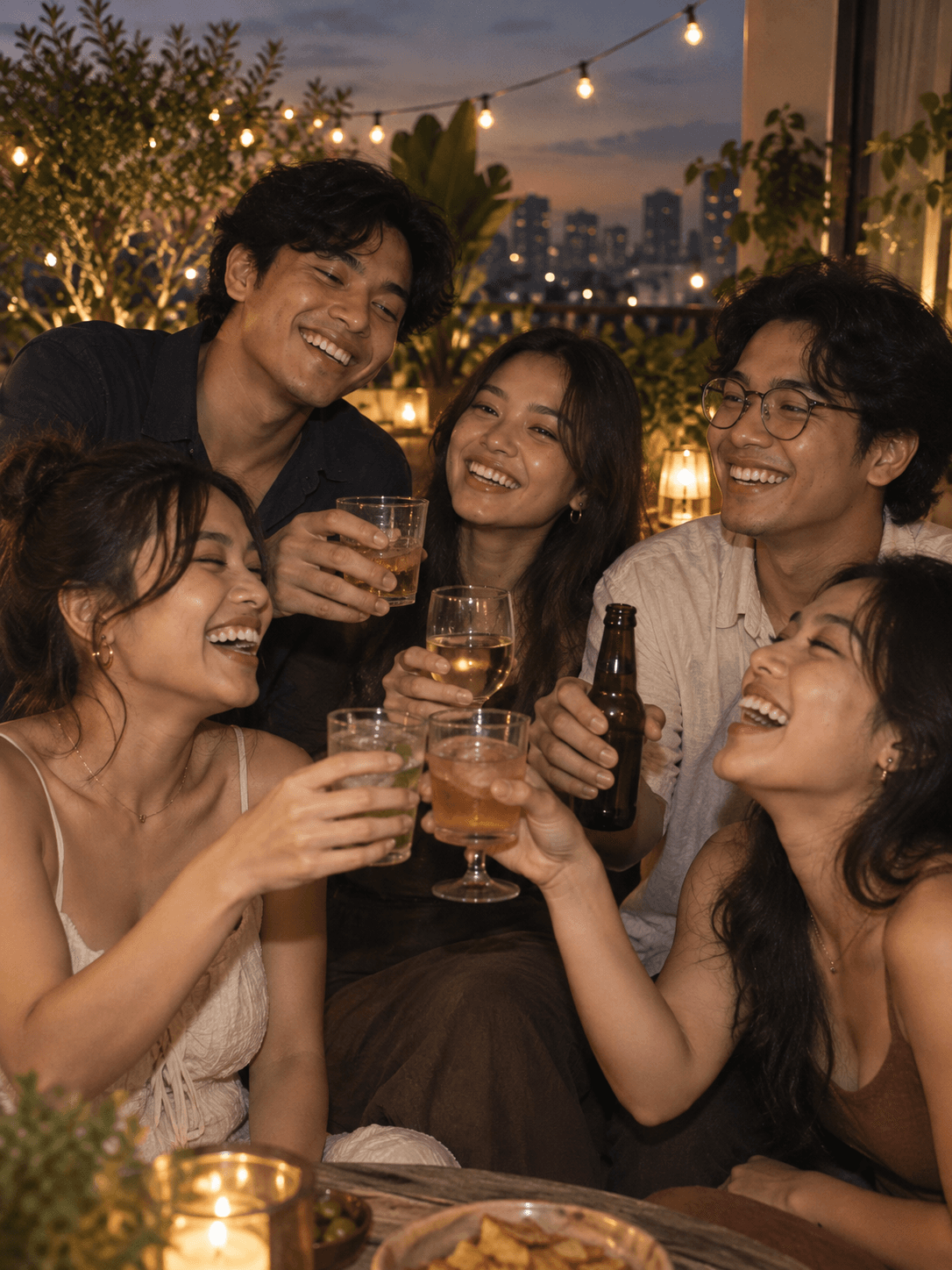 Tamu mengangkat gelas bersama di momen yang tersimpan